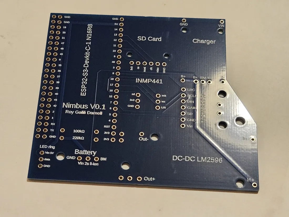 Bare Nimbus V0.1 carrier PCB, top side, blue soldermask with white silkscreen naming each section