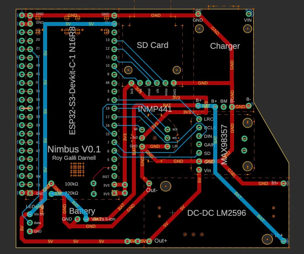 EDA layout view of the carrier: red top-copper and blue bottom-copper traces carrying the GND, 5V, BAT, and 3V3 nets between every footprint