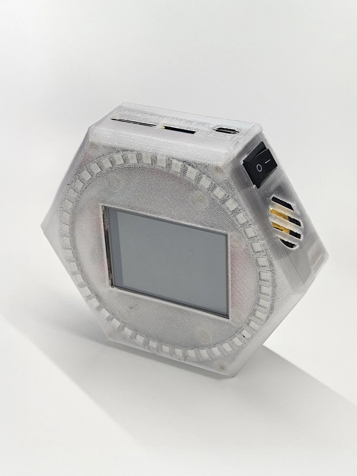 Nimbus at an angle, showing the speaker grille, power switch, and ports